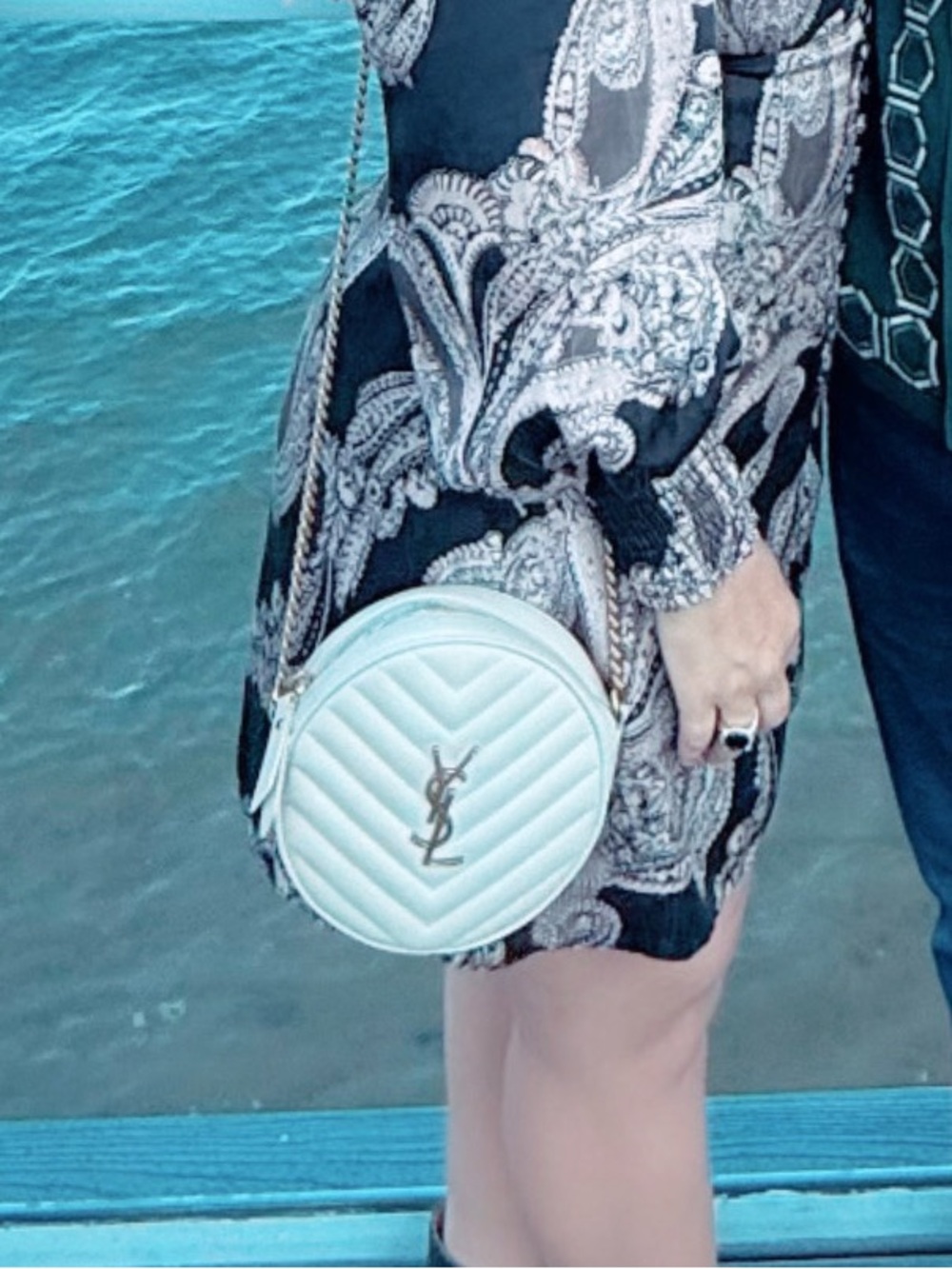 Saint Laurent Cream Quilted Round Crossbody Bag with Gold YSL Logo